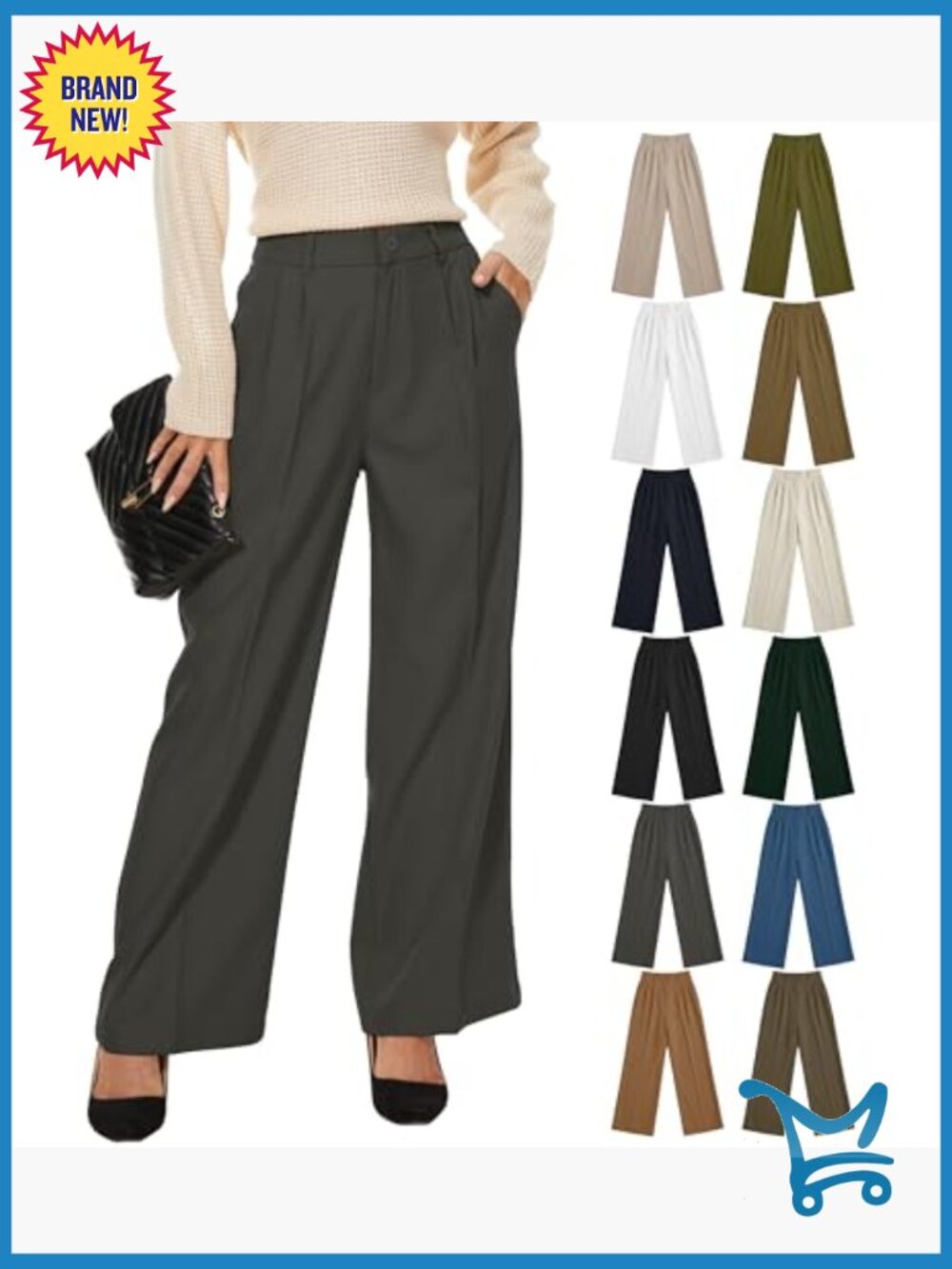 Women Wide Leg High Waist Pleated Front Trousers Work Casual Pants Elastic Back - Picture 4 of 6